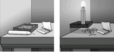 świeca, stół, pinezki, zapałki
