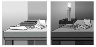 świeczka, stół, pinezki, pudełko, zapałki